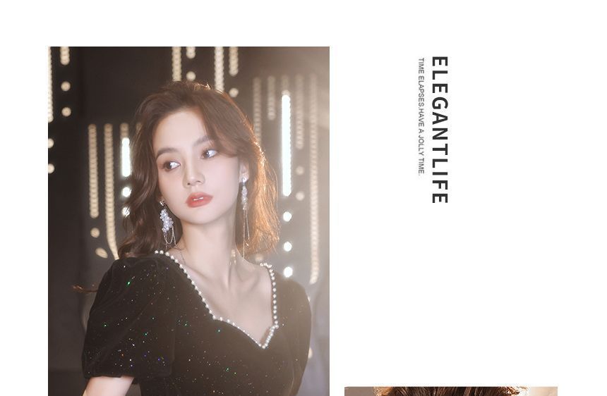 Neckline Prom Beaded (Various Dress Puff-Sleeve Sweetheart Designs) Trim Glitter