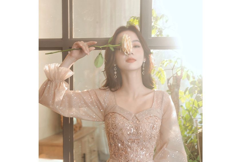 Glitter (Various Long-Sleeve Square Embellished Neck Dress Cocktail Mesh Designs)