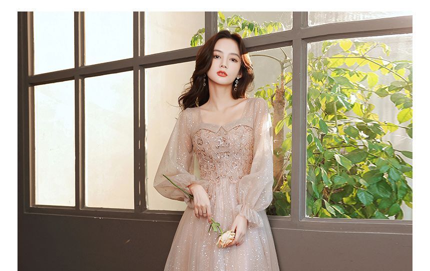 Glitter (Various Long-Sleeve Square Embellished Neck Dress Cocktail Mesh Designs)