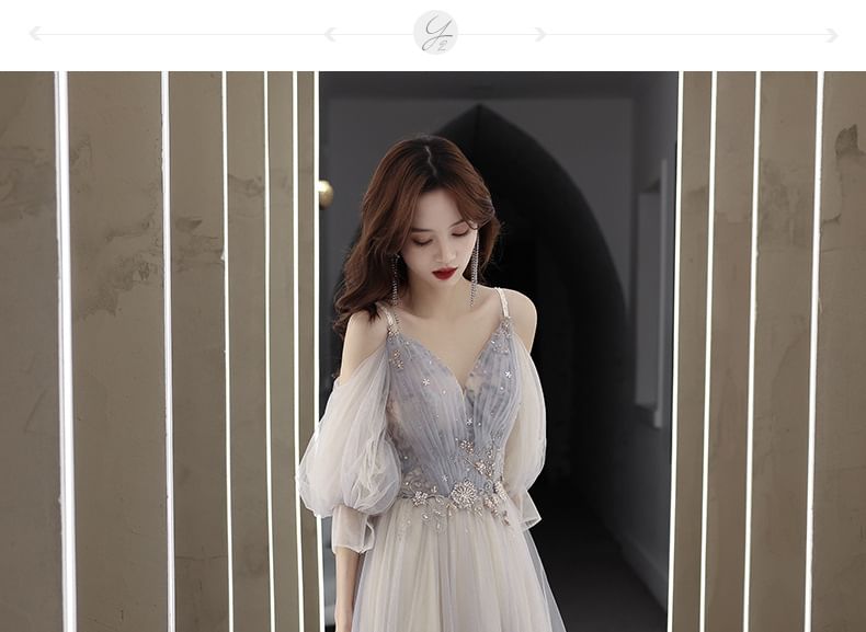 3/4-Sleeve Cold Shoulder Rhinestone Floral A-Line Evening Gown