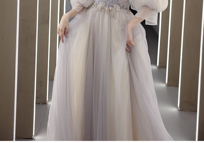 Shoulder 3/4-Sleeve A-Line Rhinestone Gown Cold Floral Evening