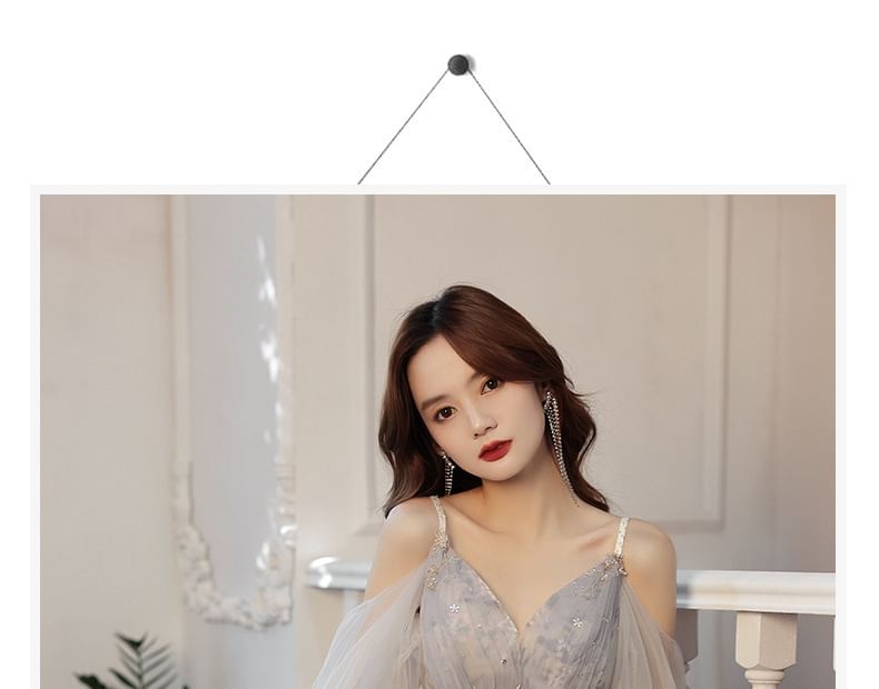 Shoulder 3/4-Sleeve A-Line Rhinestone Gown Cold Floral Evening