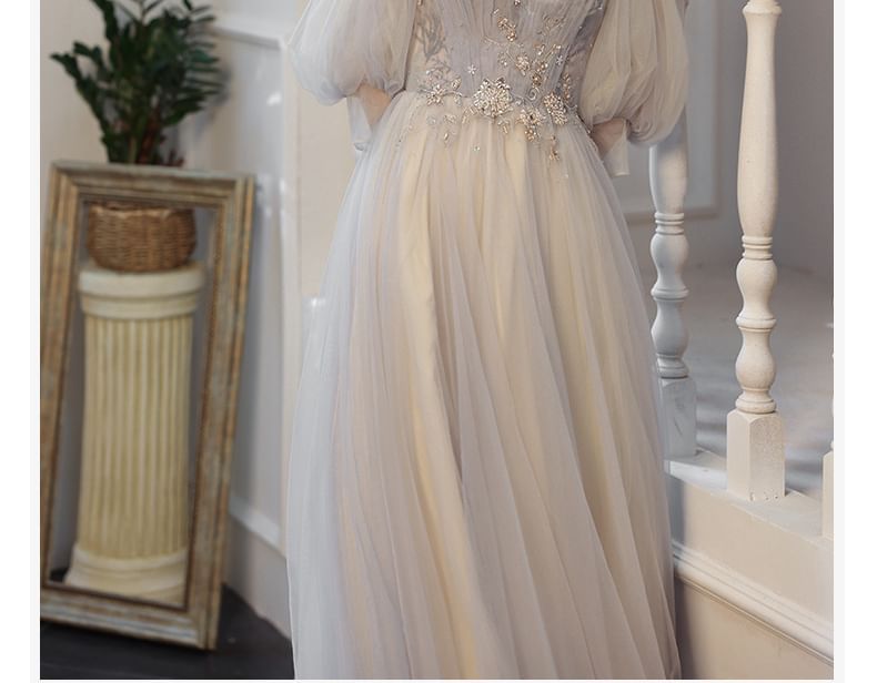 Shoulder 3/4-Sleeve A-Line Rhinestone Gown Cold Floral Evening