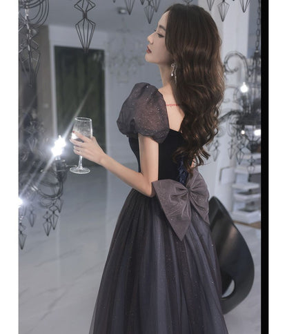 Puff-Sleeve Bow Glitter Mesh A-Line Evening Gown