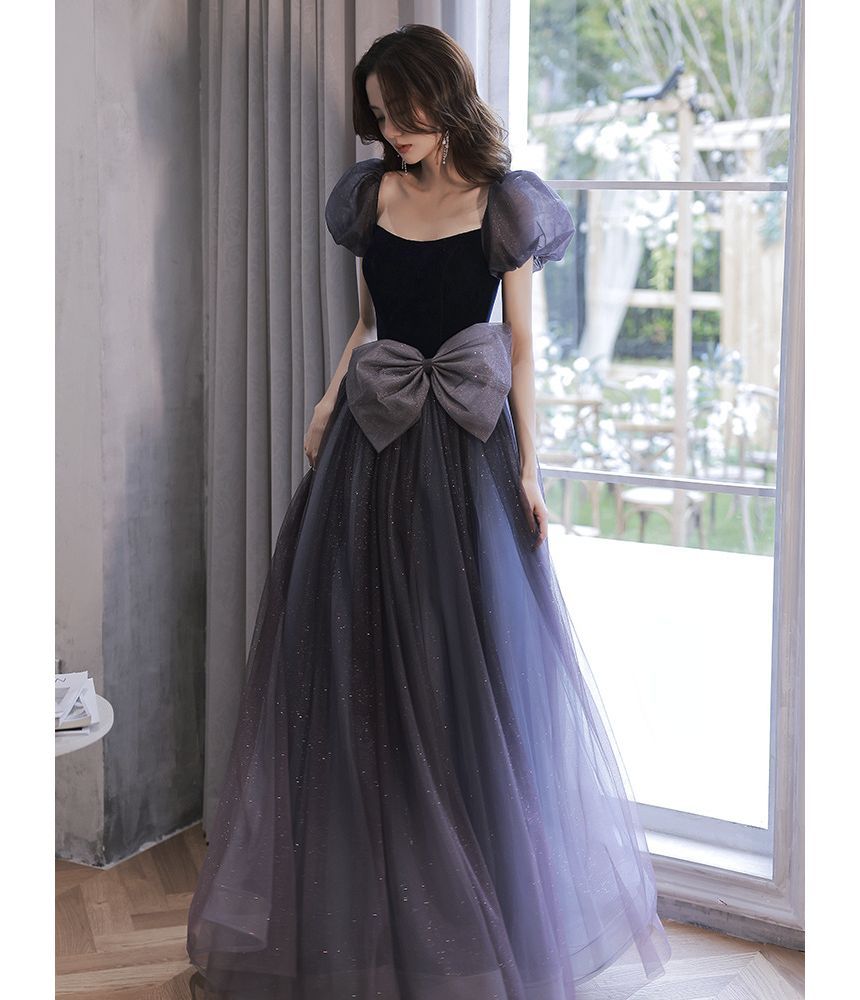 Puff-Sleeve Bow Glitter Mesh A-Line Evening Gown