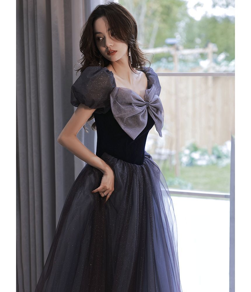 Puff-Sleeve Bow Glitter Mesh A-Line Evening Gown