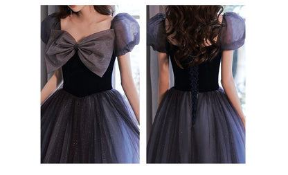 Puff-Sleeve Bow Glitter Mesh A-Line Evening Gown