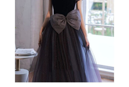 Puff-Sleeve Bow Glitter Mesh A-Line Evening Gown