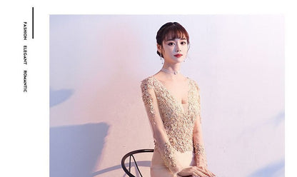 Long-Sleeve V-Neck Lace Mermaid Evening Gown