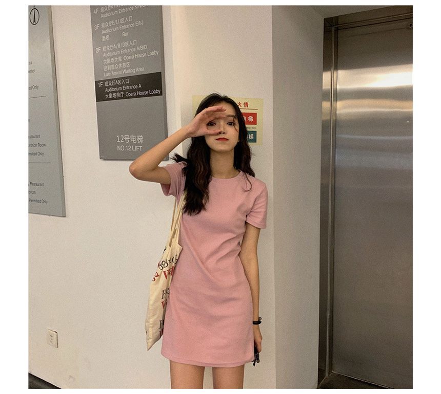 Mini Short-Sleeve Neck Plain T-Shirt Dress Round