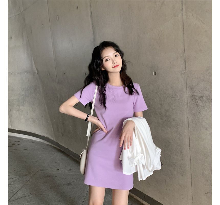 Mini Short-Sleeve Neck Plain T-Shirt Dress Round