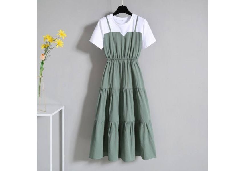 Short-Sleeve Round Dress Neck Mock A-Line Midi Two-Piece