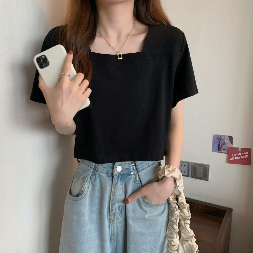 Blouse Neck Short-Sleeve Cropped Plain Square