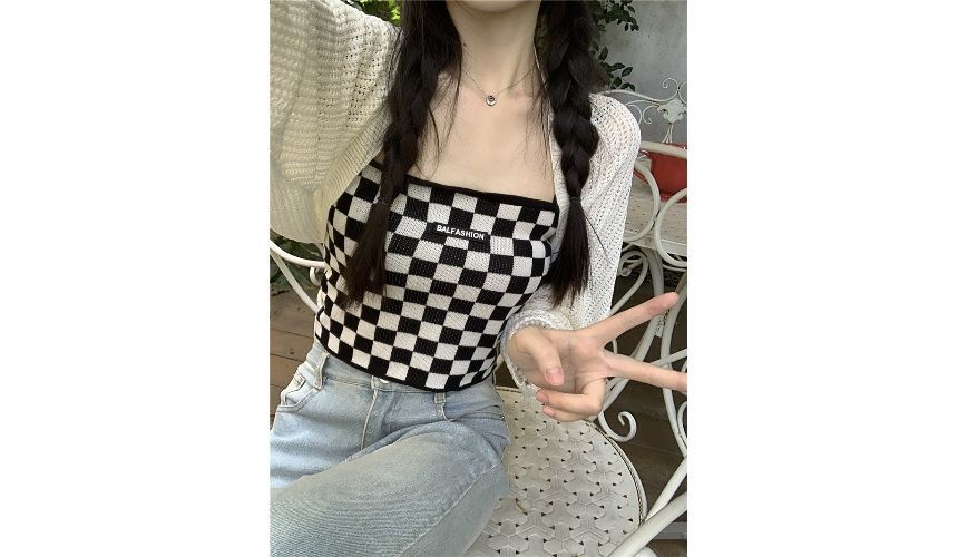 Checkerboard Knit Crop Camisole Top / Plain Pointelle Knit Open Front Bolero