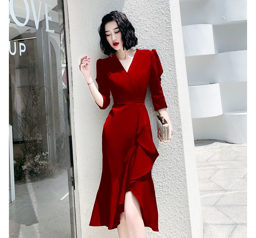 3/4-Sleeve V-Neck Ruffle Asymmetrical Mermaid Cocktail Dress