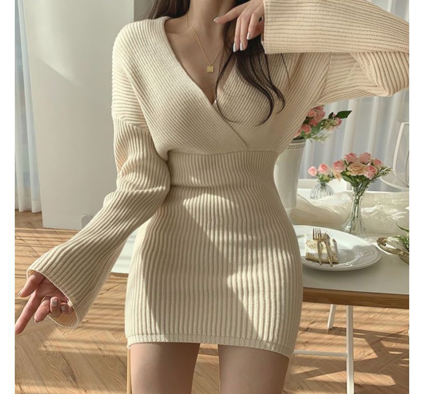 V-Neck Slim-Cut Rib-Knit Mini Dress