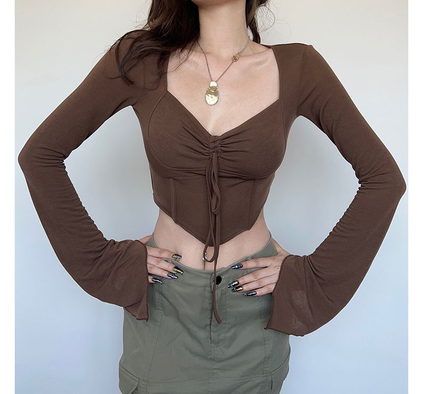 Long-Sleeve Plain Drawstring Corset Top