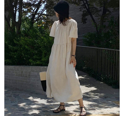 Short-Sleeve Crew Neck Plain Midi A-Line Dress