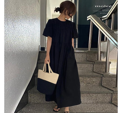 Short-Sleeve Crew Neck Plain Midi A-Line Dress