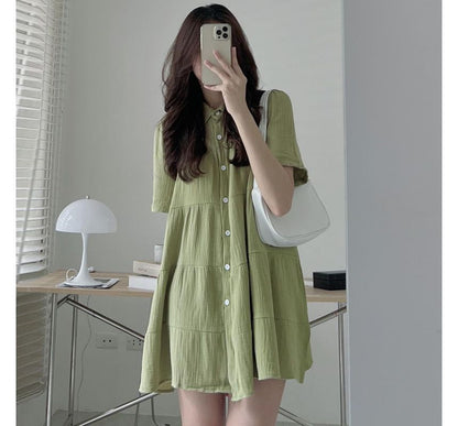 Short-Sleeve Plain Mini A-Line Shirt Dress