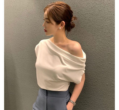 Cap-Sleeve Off-Shoulder Plain Asymmetrical Top