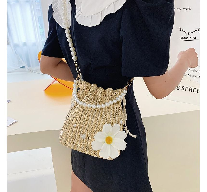Woven Bucket Bag Pearl Faux Strap