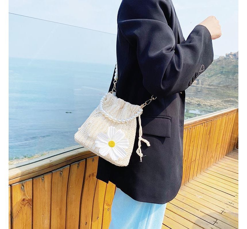 Woven Bucket Bag Pearl Faux Strap