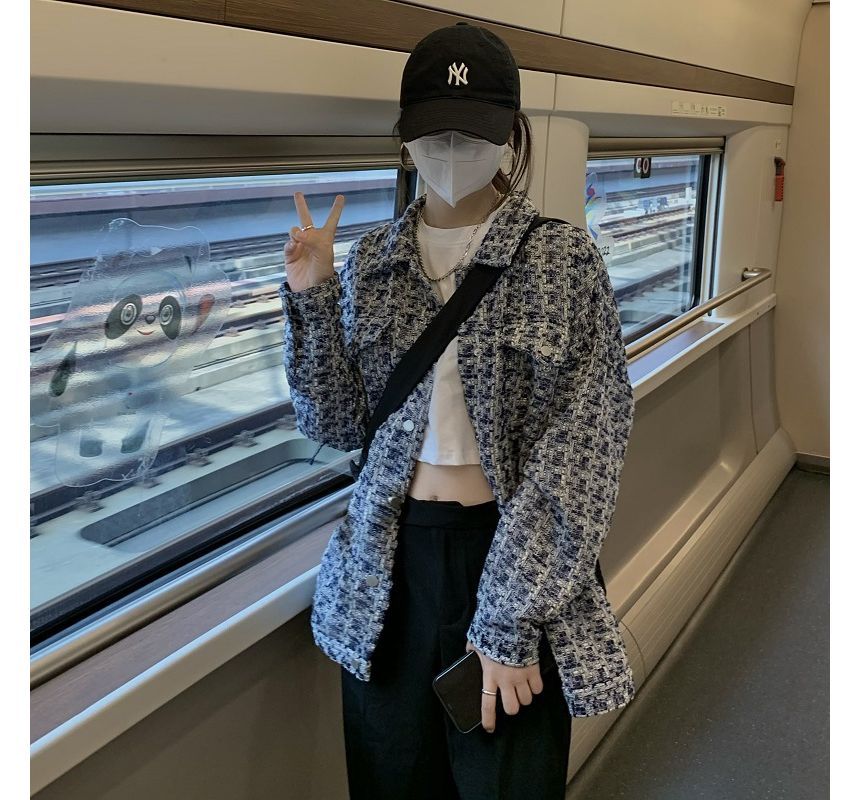 Long-Sleeve Tweed Plaid Shirt Jacket