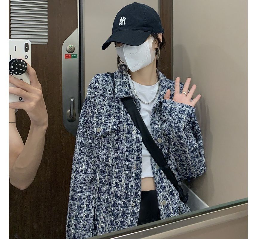 Long-Sleeve Tweed Plaid Shirt Jacket