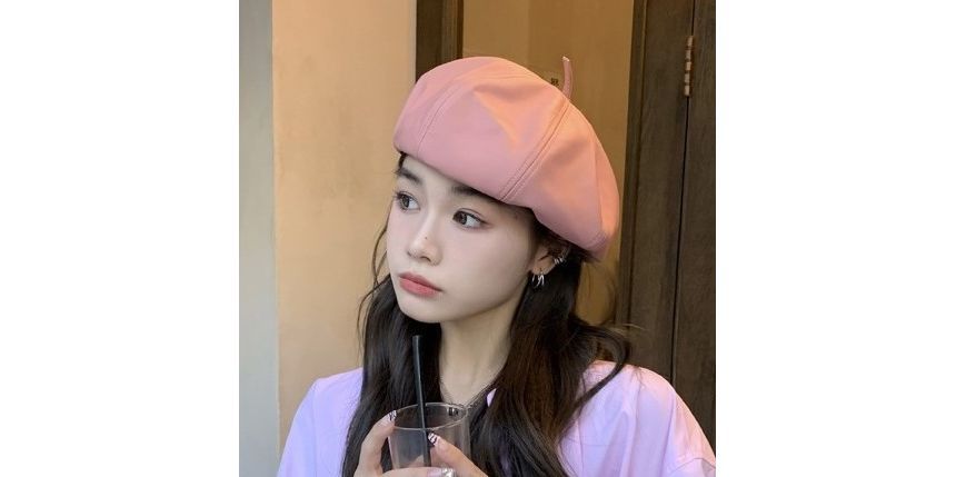 Leather Hat Beret Plain Faux