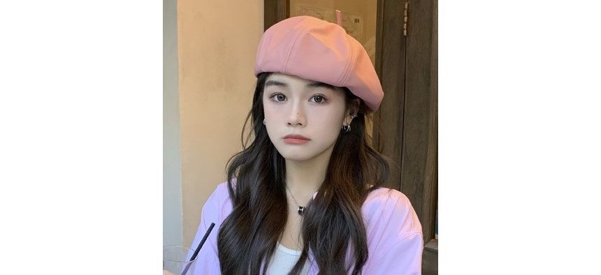 Leather Hat Beret Plain Faux