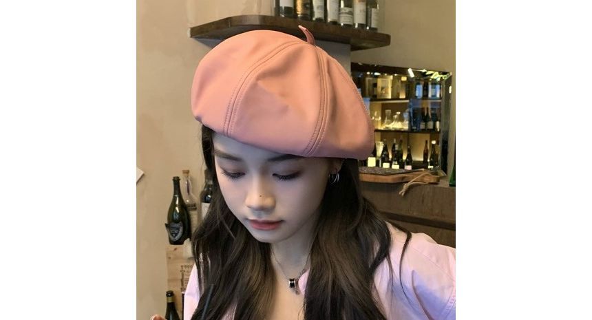 Leather Hat Beret Plain Faux