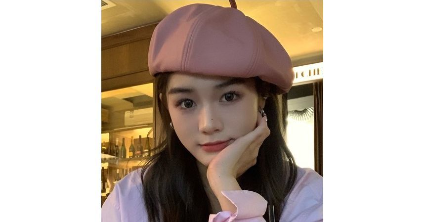 Leather Hat Beret Plain Faux