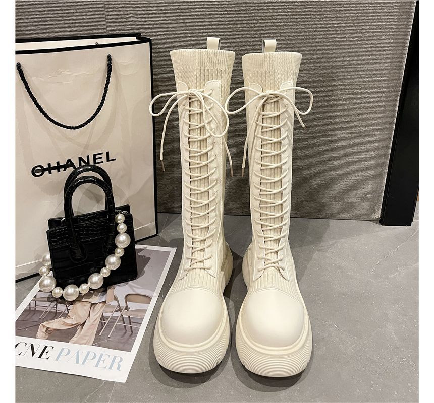 Platform Lace-Up Tall Boots Sock