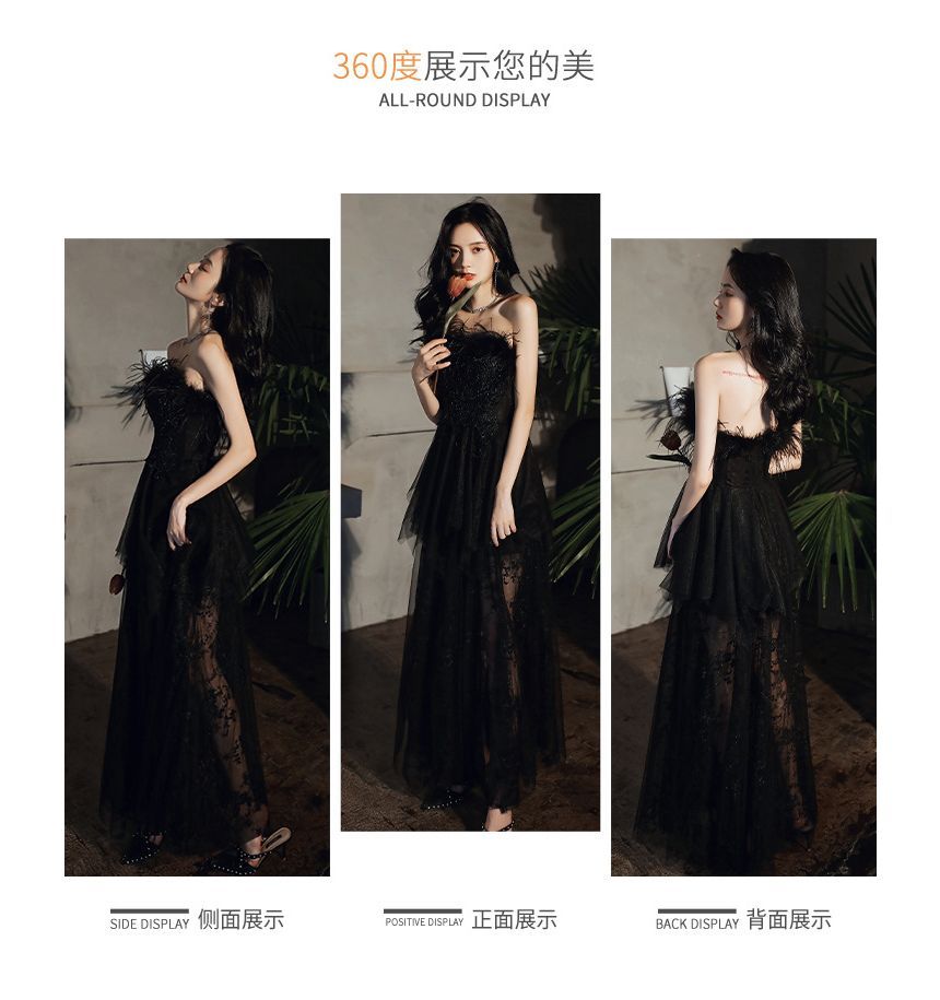 A-Line Gown Fluffy Trim Strapless Sequined Evening