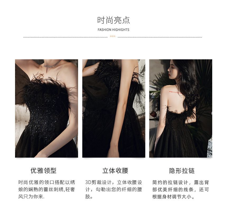 A-Line Gown Fluffy Trim Strapless Sequined Evening