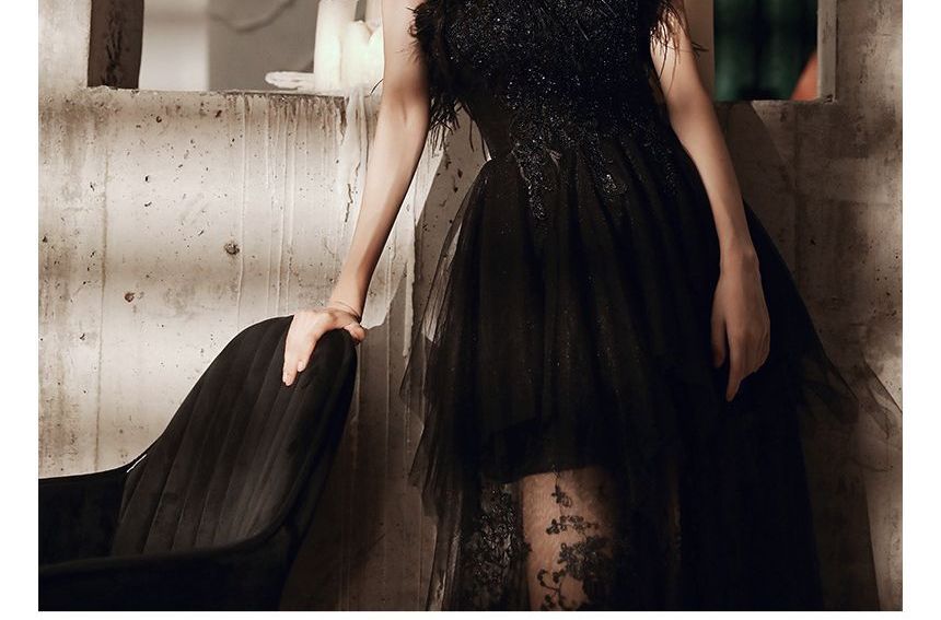 A-Line Gown Fluffy Trim Strapless Sequined Evening