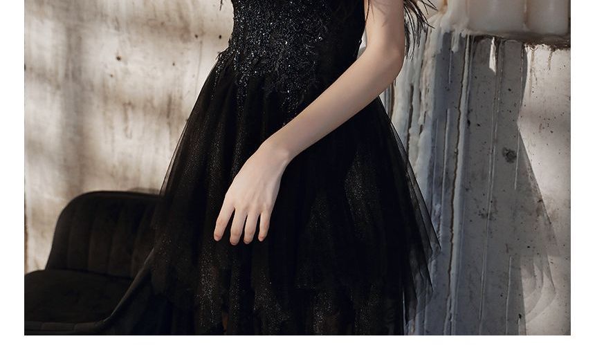 A-Line Gown Fluffy Trim Strapless Sequined Evening
