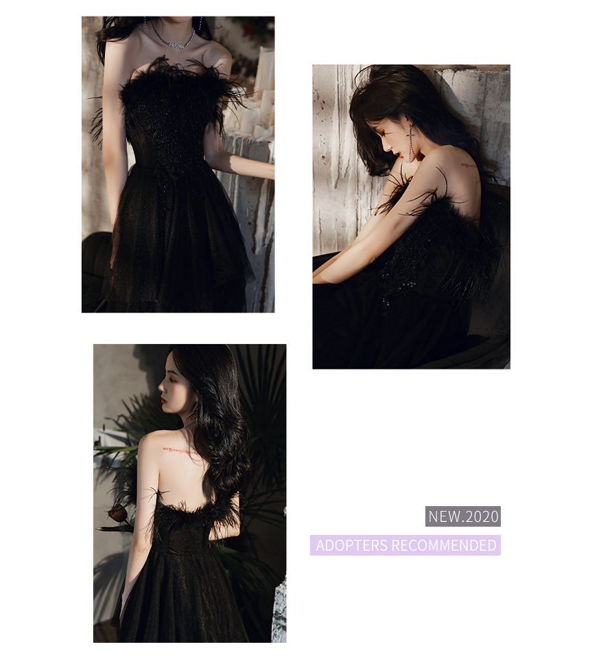 A-Line Gown Fluffy Trim Strapless Sequined Evening