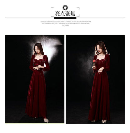 Long-Sleeve Sweetheart-Neckline Rhinestone A-Line Evening Gown