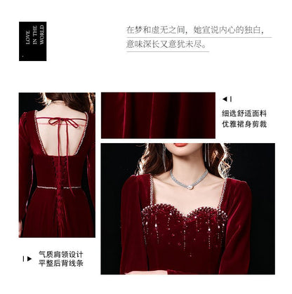 Long-Sleeve Sweetheart-Neckline Rhinestone A-Line Evening Gown