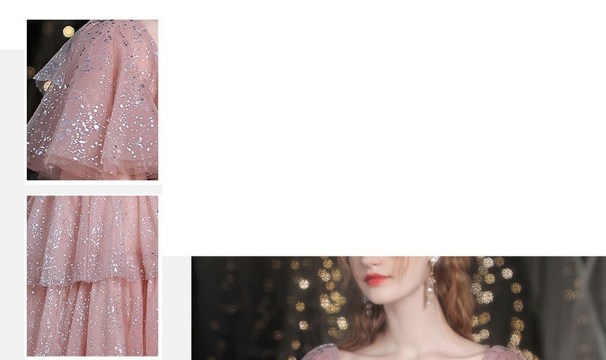 Layered Sweetheart-Neckline Gown A-Line Short-Sleeve Evening Sequined