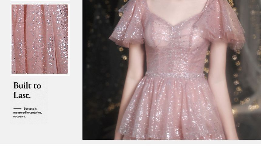 Layered Sweetheart-Neckline Gown A-Line Short-Sleeve Evening Sequined