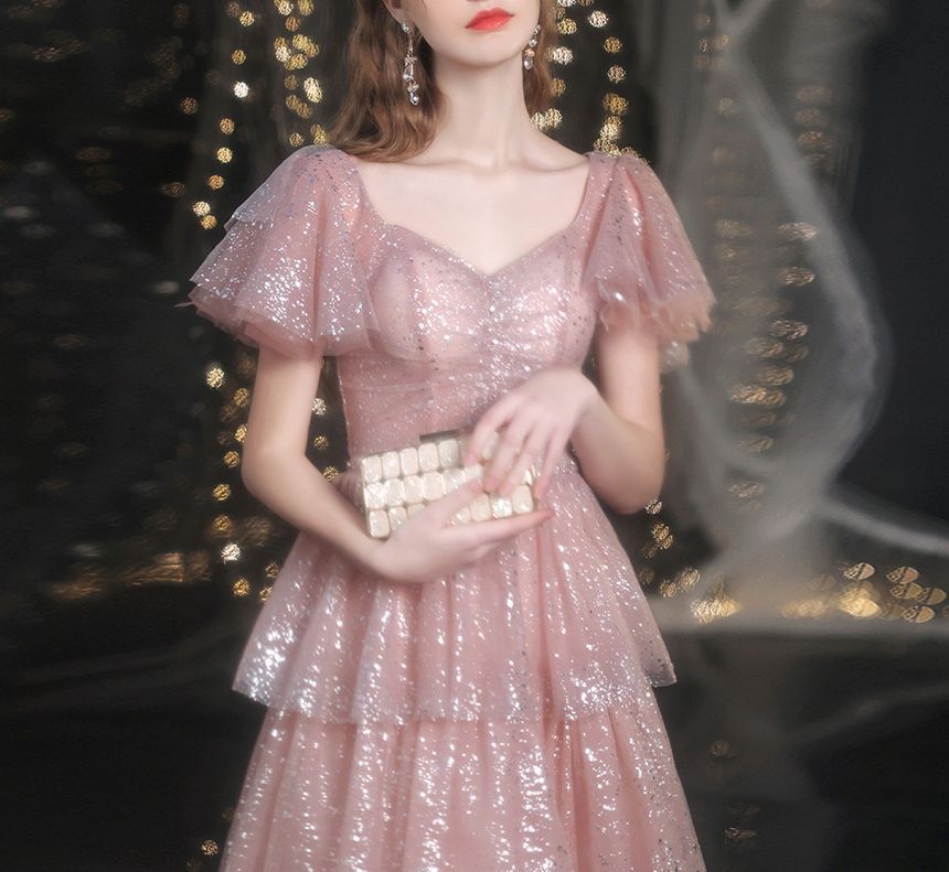 Layered Sweetheart-Neckline Gown A-Line Short-Sleeve Evening Sequined