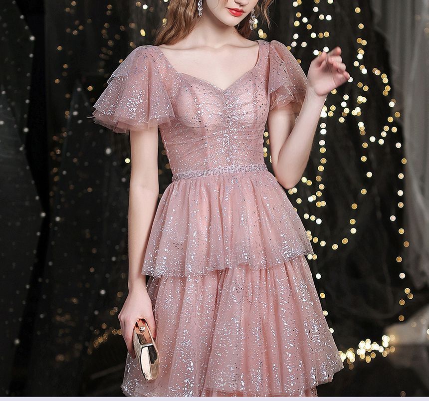 Layered Sweetheart-Neckline Gown A-Line Short-Sleeve Evening Sequined