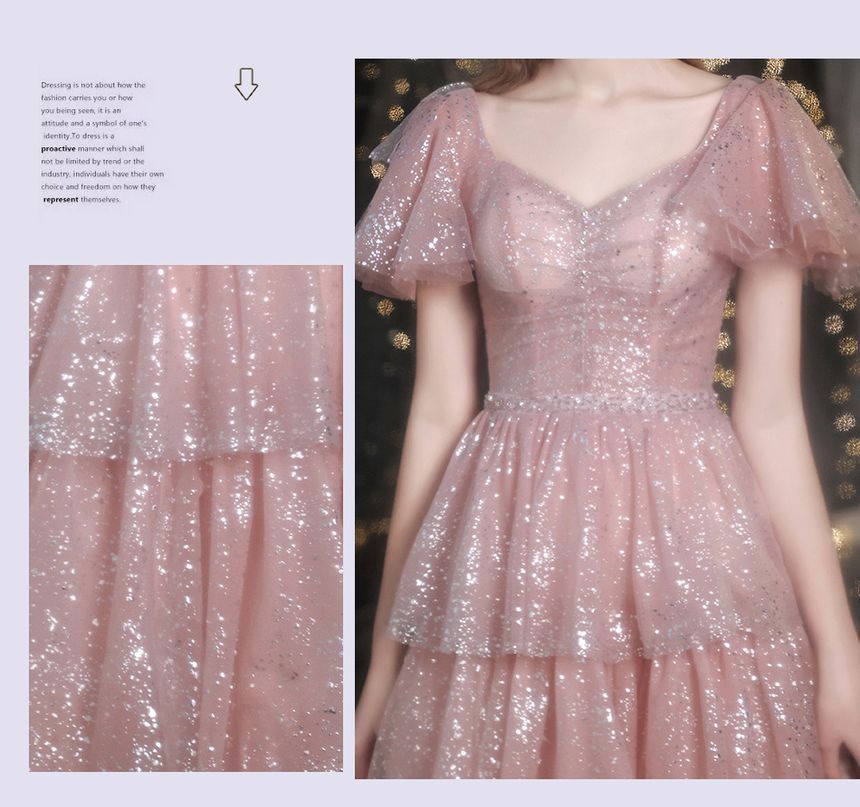 Layered Sweetheart-Neckline Gown A-Line Short-Sleeve Evening Sequined