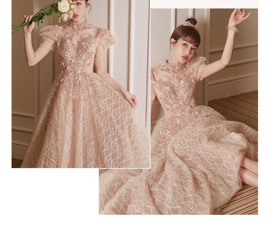 Short-Sleeve High Neck Floral Embroidered A-Line Evening Gown