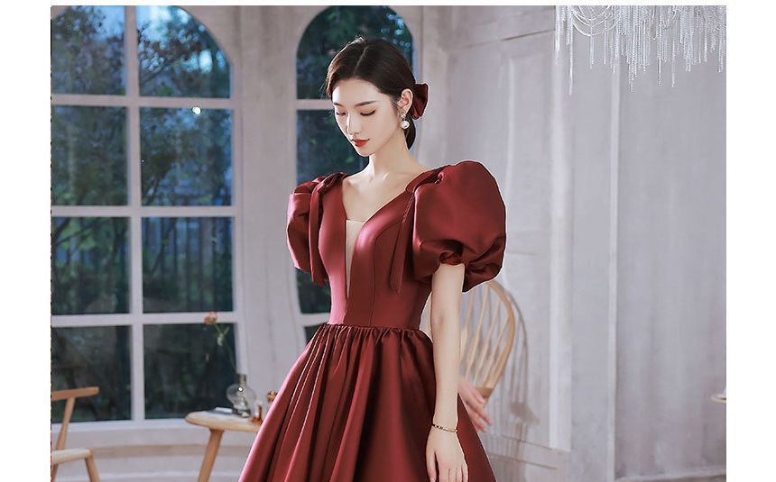 Mesh Gown Evening A-Line Plain Puff-Sleeve Panel