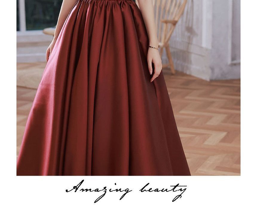 Puff-Sleeve Mesh Panel Plain A-Line Evening Gown