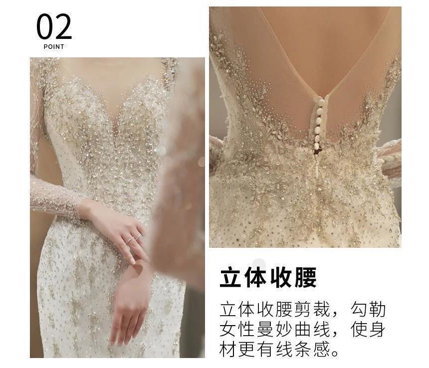 Long-Sleeve Open-Back Rhinestone Bodycon Wedding Gown